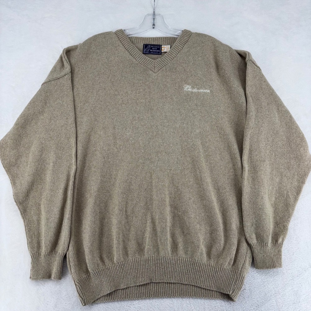 Vintage Peconic Bay Traders Budweiser V-Neck Sweater Mens XL Tan Cotton USA Made